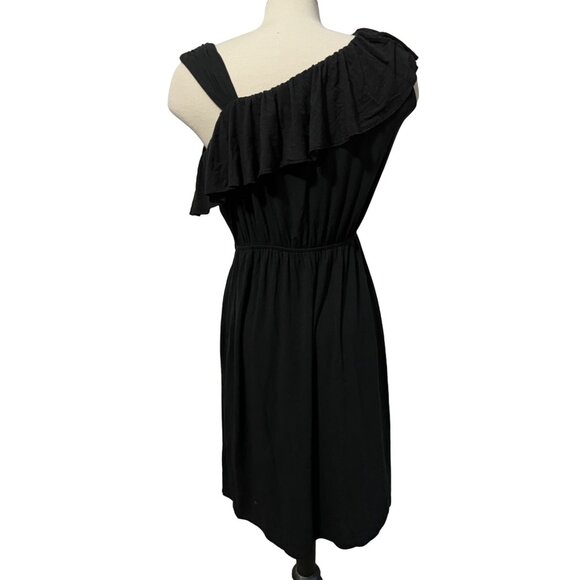 Madison Black Ruffle One Shoulder Mini Dress Sz Petite Small Flowy Ruffle Collar - Picture 6 of 13